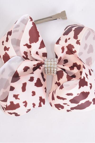 Hair Bow Jumbo Cow Pattern Grosgrain Bow-tie / 12 pcs Bow = Dozen  Alligator Clip , Size - 6" x 5" Wide , Clip Strip & UPC Code