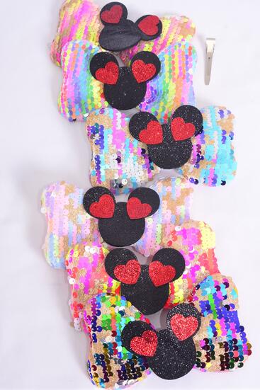 Hair Bow Flip Sequin Iridescent Center Mouse Ear Animal Charm Multi / 12 pcs = Dozen Alligator Clip , Size - 6" x 4" Wide , 2 Of each Color Mix , Clip Strip & UPC Code