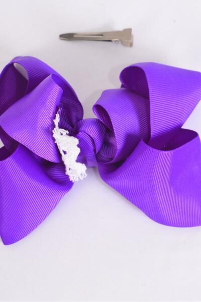 Hair Bow Jumbo Lace Grosgrain Bow-tie Purple / 12 pcs Bow = Dozen Purple , Alligator Clip , Size - 6" x 5" Wide , Clip Strip & UPC Code