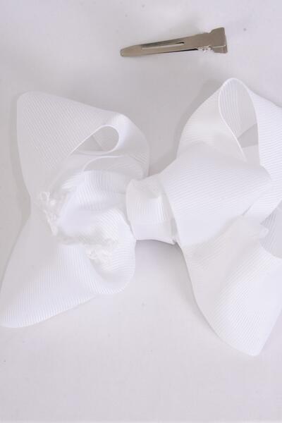 Hair Bow Jumbo Lace Grosgrain Bow-tie White / 12 pcs Bow = Dozen White , Alligator Clip , Size - 6" x 5" Wide , Clip Strip & UPC Code