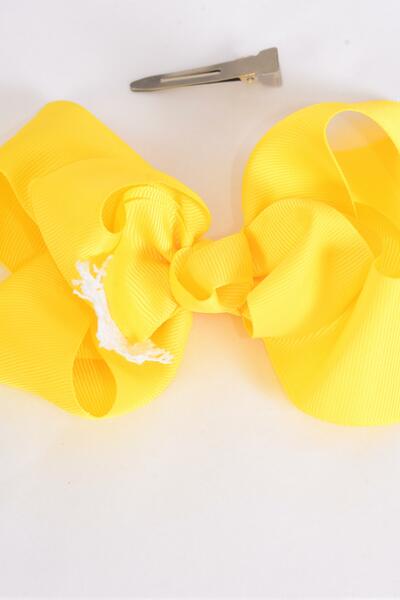 Hair Bow Jumbo Lace Grosgrain Bow-tie Yellow / 12 pcs Bow = Dozen Yellow , Alligator Clip , Size - 6" x 5" Wide , Clip Strip & UPC Code