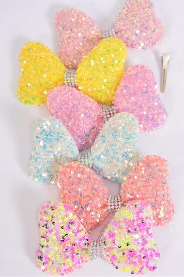 Hair Bow Sequin Iridescent Center Clear Stones Pastel / 12 pcs Bow = Dozen Pastel , Alligator Clip , Size - 6" x 4" Wide , 2 of each Color Asst , Clip Strip & UPC Code