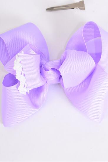 Hair Bow Jumbo Lace Grosgrain Bow-tie Lavender / 12 pcs Bow = Dozen  Lavender , Alligator Clip , Size - 6" x 5" Wide , Clip Strip & UPC Code