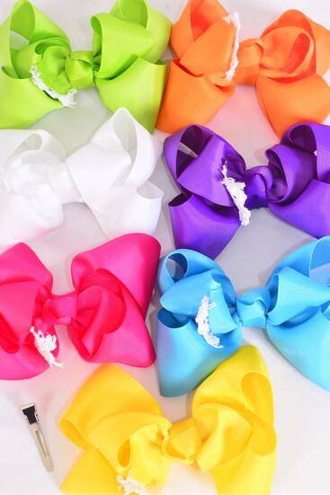 Hair Bow Jumbo Lace Citrus Grosgrain Bow-tie / 12 pcs Bow = Dozen Alligator Clip , Size - 6" x 5" Wide ,  2 Fuchsia , 2 Blue , 2 Yellow , 2 Purple , 2 White , 1 Lime , 1 Orange Color Asst , Clip Strip and UPC Code