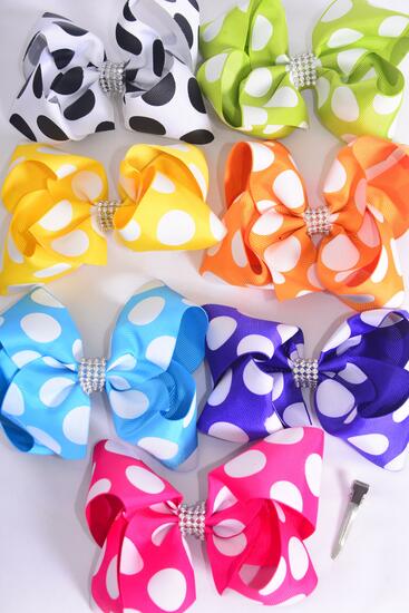 Hair Bow Jumbo Polka dots Citrus Center Clear Stone Grosgrain Bow-tie / 12 pcs Bow = Dozen   Alligator Clip , Size - 6" x 5" Wide , 2 White , 2 Fuchsia , 2 Blue , 2 Yellow , 2 Purple , 1 Lime , 1 Orange Color Asst , Clip Strip & UPC Code