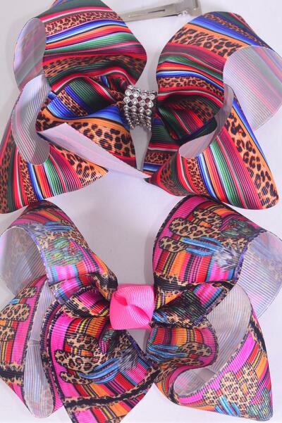 Hair Bow Jumbo Serape Leopard Cactus Mix Grosgrain Bow-tie / 12 pcs Bow = Dozen Serape , Alligator Clip , Size - 6" x 5" Wide , 6 Of Each Pattern Asst , Clip Strip & UPC Code