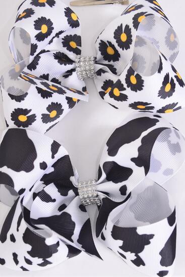 Hair Bow Jumbo Cow Daisy Flower Pattern Mix Grosgrain Bow-tie / 12 pcs Bow = Dozen  Alligator Clip , Size - 6" x 5" Wide , 6 Of each Pattern Asst , Clip Strip & UPC Code