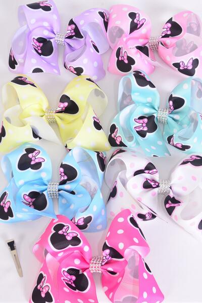 Hair Bow Jumbo Polka dot Mouse Ear Pastel Grosgrain Bow-tie / 12 pcs Bow = Dozen Alligator Clip , Size - 6" x 5" , 2 White , 2 Baby Pink , 2 Lavender , 2 Hot Pink , 2 Mint Green ,1 Blue, 1 Yellow Color Asst , Clip Strip & UPC Code