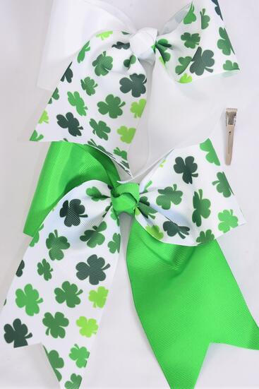 Hair Bow Extra Jumbo Long Tail cheer Type Bow 2-Tone Shamrock Grosgrain Bow-tie / 12 pcs Bow = Dozen Alligator Clip , Size - 6.5" x 6" Wide , 6 Of each Pattern Asst , Clip Strip & UPC Code