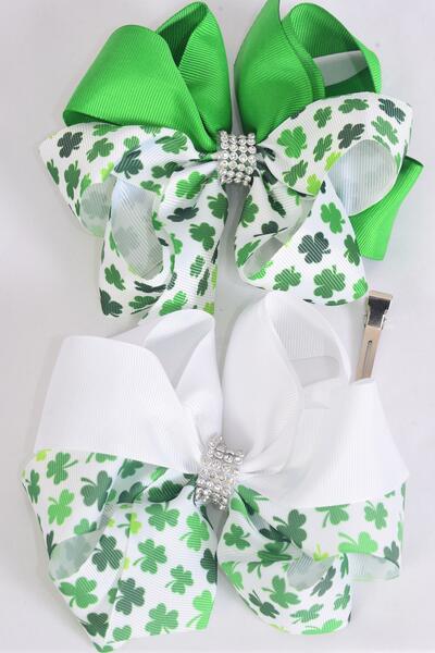 Hair Bow Jumbo Bow 2 tone Shamrock Grosgrain Bow-tie / 12 pcs Bow = Dozen Alligator Clip , Size - 6" x 6" Wide , 6 of each Pattern Asst , Clip Strip and UPC Code