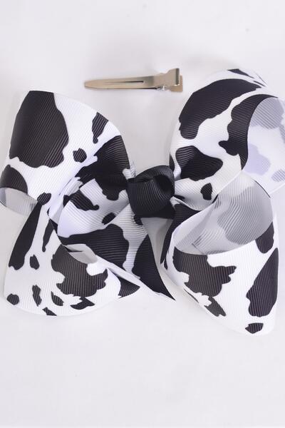 Hair Bow Large Cow Pattern Grosgrain Bow-tie / 12 pcs Bow = Dozen Cow Pattern , Alligator Clip , Size - 4" x 3" Wide , Clip Strip & UPC Code