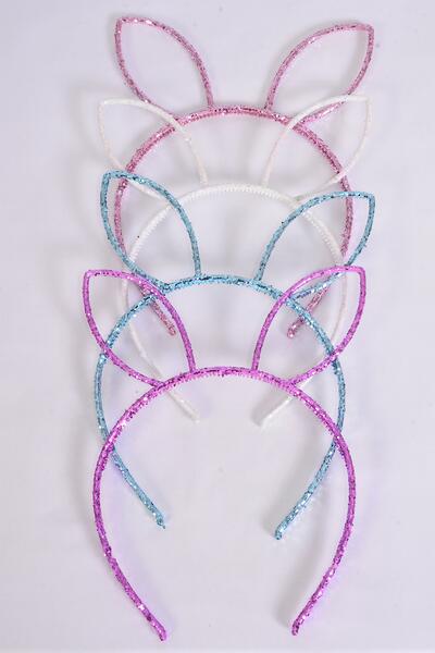 Headband Horseshoe Acrylic Glitter Bunny Ear Multi / 12 pcs = Dozen Color - 3 Fuchsia , 3 Baby Pink , 3 White , 3 Blue Color Asst , Individual OPP Bag & Hang Tag & UPC Code