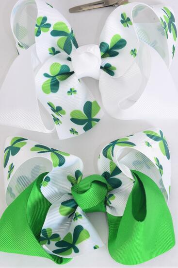 Hair Bow Jumbo Shamrock 2 Tone Grosgrain Bow-tie Shamrock / 12 pcs Bow = Dozen Alligator Clip , Size - 6" x 5" Wide , 6 of each Pattern Asst , Clip Strip & UPC Code