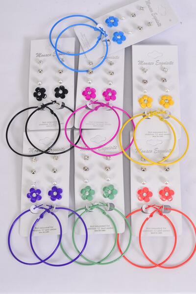 Earrings 5 Pair Hoop Studs Flower Mix Multi / 60 pair = Dozen  Post , Hoop - 2.25" Wide , 2 Yellow, 2 Bk , 2 Blue, 2 Fuchsia , 1 Orange , 2 Purple , 1 Green Mix , Opp Bag & UPC Code , 5 pair Card , 12 Card = Dozen