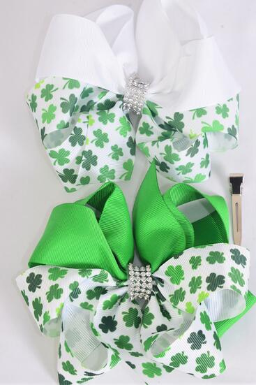 Hair Bow Jumbo Bow 2 tone Shamrock Grosgrain Bow-tie / 12 pcs Bow = Dozen Alligator Clip , Size - 6" x 6" Wide , 6 of each Pattern Asst , Clip Strip and UPC Code