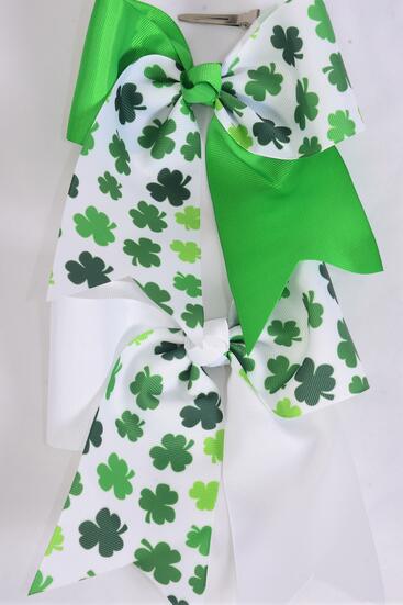 Hair Bow Extra Jumbo Long Tail cheer Type Bow 2-Tone Shamrock Grosgrain Bow-tie / 12 pcs Bow = Dozen Alligator Clip , Size - 6.5" x 6" Wide , 6 Of each Pattern Asst , Clip Strip & UPC Code