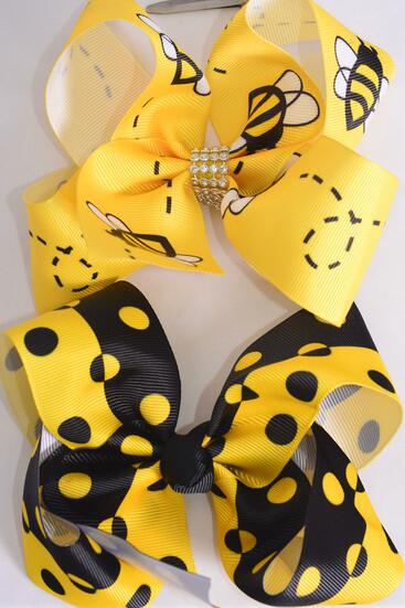 Hair Bow Jumbo Cute Honey Bees  Polka dots Mix Grosgrain Bow-tie / 12 pcs Bow = Dozen Alligator Clip , Size - 6" x 5" Wide , 6 Of each Pattern Asst , Clip Strip and UPC Code