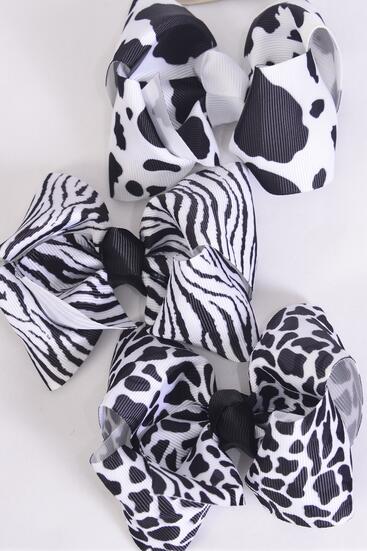 Hair Bow Large Cow Zebra Leopard Pattern Mix Grosgrain Bow-tie / 12 pcs Bow = Dozen Alligator Clip , Size - 4" x 3" Wide , 4 Zebra , 4 Leopard , 4 Cow Pattern Asst , Clip Strip & UPC Code