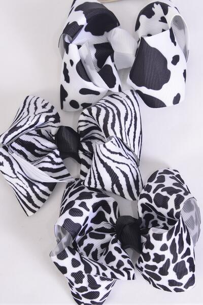 Hair Bow Large Cow Zebra Leopard Pattern Mix Grosgrain Bow-tie / 12 pcs Bow = Dozen Alligator Clip , Size - 4" x 3" Wide , 4 Zebra , 4 Leopard , 4 Cow Pattern Asst , Clip Strip & UPC Code