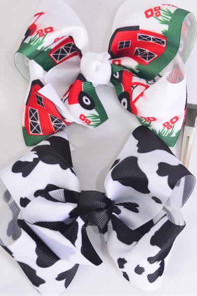 Hair Bow Large Cute Farm Red Barn Cow Pattern Mix Grosgrain Bow-tie / 12 pcs Bow = Dozen Alligator Clip , Size - 4" x 3" Wide , 6 Barn , 6 Cow Pattern Asst, Clip Strip & UPC Code