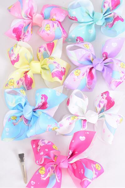 Hair Bow Large Mermaid Under The Sea Grosgrain Bow-tie Pastel / 12 pcs Bow = Dozen Alligator Clip , Size - 4" x 3", 2 White , 2 Baby Pink , 2 Lavender , 2 Blue , 2 Yellow , 1 Peach , 1 Mint Green Color Asst , Clip Strip & UPC Code