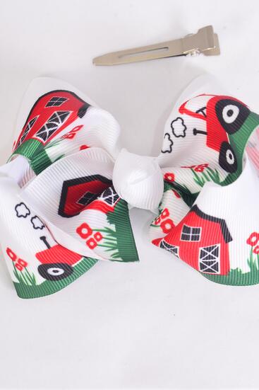 Hair Bow Large Cute Red Barn Tractor Mix Grosgrain Bow-tie / 12 pcs Bow = Dozen Red barn , Alligator Clip , Size - 4" x 3" Wide , 6 Barn , 6 Cow Pattern Asst, Clip Strip & UPC Code