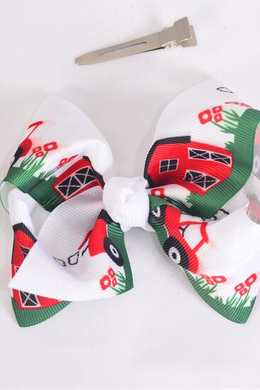 Hair Bow Large Cute Farm Red Barn Tractor Mix Grosgrain Bow-tie / 12 pcs Bow = Dozen Red barn , Alligator Clip , Size - 4" x 3" Wide , 6 Barn , 6 Cow Pattern Asst, Clip Strip & UPC Code