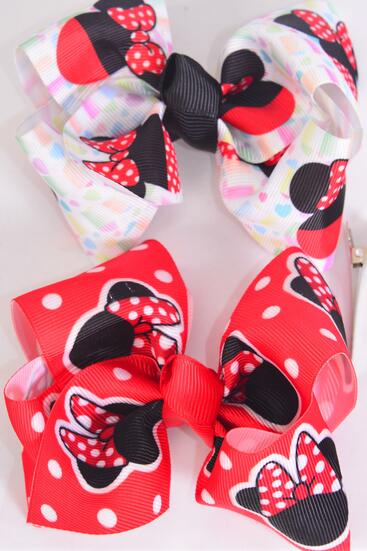 Hair Bow Large Mouse Ear Pattern Asst Grosgrain Bow-tie / 12 pcs Bow = Dozen  Mouse Ear , Alligator Clip , Size - 4" x 3" Wide ,Clip Strip & UPC Code
