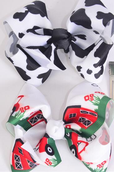 Hair Bow Large Cute Farm Red Barn Cow Pattern Mix Grosgrain Bow-tie / 12 pcs Bow = Dozen Alligator Clip , Size - 4" x 3" Wide , 6 Barn , 6 Cow Pattern Asst, Clip Strip & UPC Code
