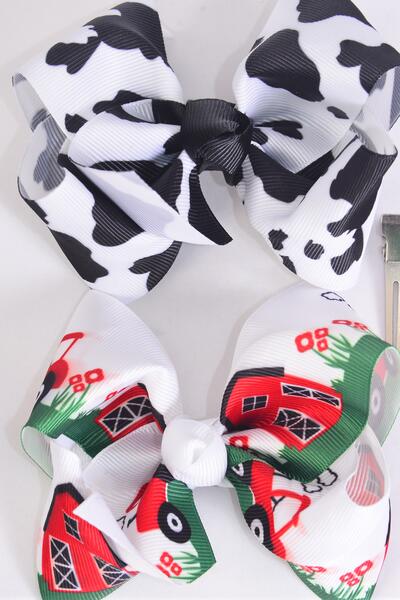 Hair Bow Large Cute Farm Red Barn Cow Pattern Mix Grosgrain Bow-tie / 12 pcs Bow = Dozen Alligator Clip , Size - 4" x 3" Wide , 6 Barn , 6 Cow Pattern Asst, Clip Strip & UPC Code