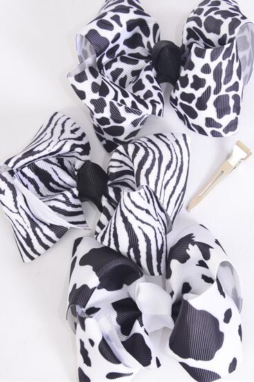 Hair Bow Large Cow Zebra Leopard Pattern Mix Grosgrain Bow-tie / 12 pcs Bow = Dozen Alligator Clip , Size - 4" x 3" Wide , 4 Zebra , 4 Leopard , 4 Cow Pattern Asst , Clip Strip & UPC Code