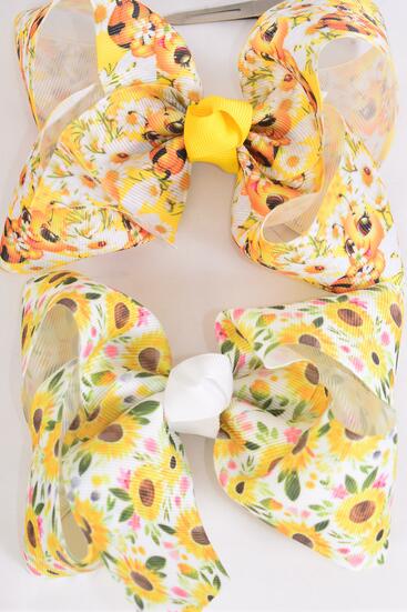 Hair Bow Jumbo Flower Cute Honey Bees Mix Grosgrain Bow-tie / 12 pcs Bow = Dozen Alligator Clip , Size - 6" x 5" Wide , 6 Of each Pattern Asst , Clip Strip and UPC Code