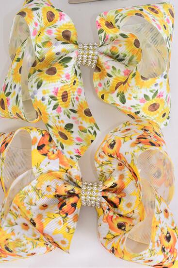 Hair Bow Jumbo Flower Cute Honey Bees Mix Grosgrain Bow-tie / 12 pcs Bow = Dozen Alligator Clip , Size - 6" x 5" Wide , 6 Of each Pattern Asst , Clip Strip and UPC Code