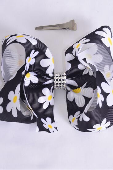 Hair Bow Jumbo Daisy Flower Black Grosgrain Bow-tie / 12 pcs Bow = Dozen  Alligator Clip , Size - 6" x 5" Wide , Clip Strip and UPC Code