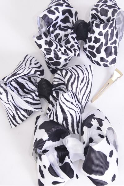 Hair Bow Large Cow Zebra Leopard Pattern Mix Grosgrain Bow-tie / 12 pcs Bow = Dozen Alligator Clip , Size - 4" x 3" Wide , 4 Zebra , 4 Leopard , 4 Cow Pattern Asst , Clip Strip & UPC Code