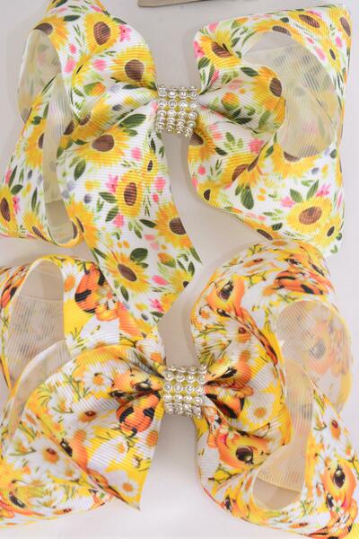 Hair Bow Jumbo Flower Cute Honey Bees Mix Grosgrain Bow-tie / 12 pcs Bow = Dozen Alligator Clip , Size - 6" x 5" Wide , 6 Of each Pattern Asst , Clip Strip and UPC Code