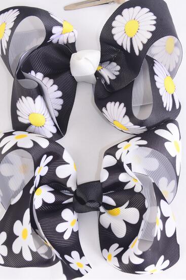 Hair Bow Jumbo Daisy Flower Mix Grosgrain Bow-tie / 12 pcs Bow = Dozen  Alligator Clip , Size - 6" x 5" Wide , 6 Of each Pattern Asst , Clip Strip and UPC Code