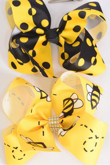 Hair Bow Jumbo Cute Honey Bees  Polka dots Mix Grosgrain Bow-tie / 12 pcs Bow = Dozen Alligator Clip , Size - 6" x 5" Wide , 6 Of each Pattern Asst , Clip Strip and UPC Code