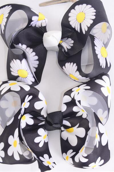 Hair Bow Jumbo Daisy Flower Mix Grosgrain Bow-tie / 12 pcs Bow = Dozen  Alligator Clip , Size - 6" x 5" Wide , 6 Of each Pattern Asst , Clip Strip and UPC Code