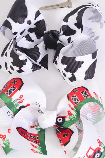 Hair Bow Jumbo Cute Farm Red Barn Cow Pattern Mix Grosgrain Bow-tie / 12 pcs Bow = Dozen Alligator Clip , Size - 6" x 5" Wide , 6 of each Pattern Asst , Clip Strip & UPC Code