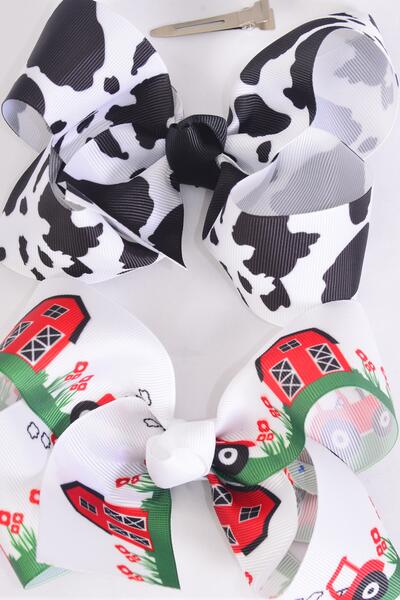 Hair Bow Jumbo Cute Farm Red Barn Cow Pattern Mix Grosgrain Bow-tie / 12 pcs Bow = Dozen Alligator Clip , Size - 6" x 5" Wide , 6 of each Pattern Asst , Clip Strip & UPC Code