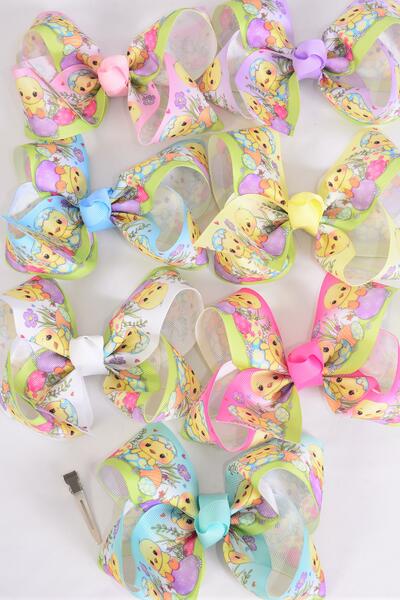 Hair Bow Jumbo Cute Easter Egg Chick Grosgrain Bow-tie / 12 pcs Bow = Dozen Alligator Clip , Size - 6" x 5" Wide , 2 White , 2 Baby Pink , 2 Lavender , 2 Blue , 2 Yellow , 1 Peach , 1 Mint Green Asst , Clip Strip & UPC Code