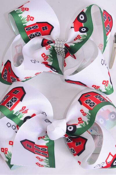 Hair Bow Jumbo Cute Farm Red Barn Grosgrain Bow-tie / 12 pcs Bow = Dozen Red Barn , Alligator Clip , Size - 6" x 5" Wide ,  Clip Strip & UPC Code