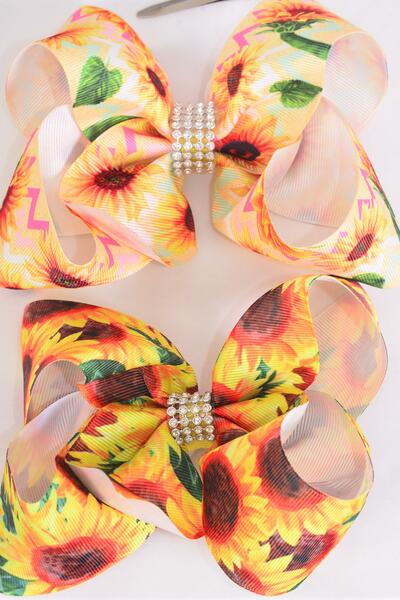 Hair Bow Jumbo Happy Sunflowers Grosgrain Bow-tie / 12 pcs Bow = Dozen  Alligator Clip , Size - 6" x 5" Wide , 6 Of Each Pattern Asst , Clip Strip and UPC Code
