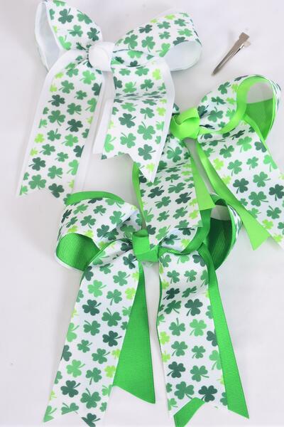 Hair Bow Jumbo Long Tail Double Layered Shamrock Grosgrain Bow-tie / 12 pcs Bow = Dozen Alligator Clip , Size - 6.5" x 6" Wide , 4 of each Pattern Asst , Clip Strip and UPC Code