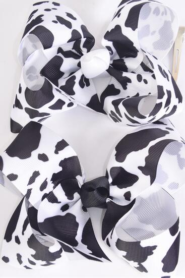Hair Bow Jumbo Cow Pattern Grosgrain Bow-tie / 12 pcs Bow = Dozen  Alligator Clip , Size - 6" x 5" Wide ,  Clip Strip & UPC Code