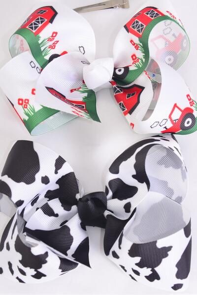 Hair Bow Jumbo Cute Farm Red Barn Cow Pattern Mix Grosgrain Bow-tie / 12 pcs Bow = Dozen Alligator Clip , Size - 6" x 5" Wide , 6 of each Pattern Asst , Clip Strip & UPC Code