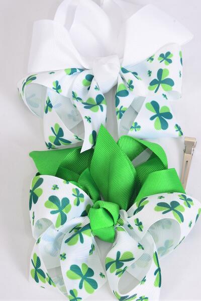 Hair Bow Jumbo Bow 2 tone Shamrock Grosgrain Bow-tie / 12 pcs Bow = Dozen Alligator Clip , Size - 6" x 5" Wide , 6 of each Color Asst , Clip Strip and UPC Code