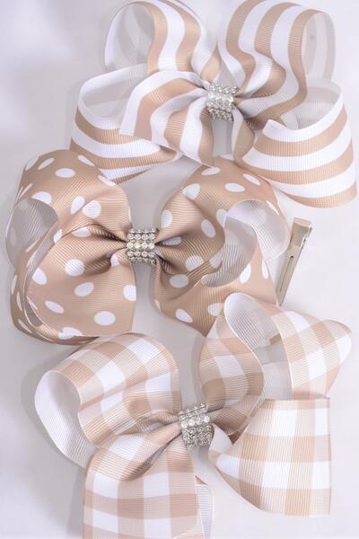 Hair Bow Jumbo Plaid Polka dots Stripe Mix Grosgrain Bow-tie Khaki Mix / 12 pcs Bow = Dozen Alligator Clip , Bow - 6" x 5" Wide , 4 of each Pattern Asst , Clip Strip & UPC Code