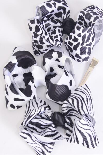 Hair Bow Large Cow Zebra Leopard Pattern Mix Grosgrain Bow-tie / 12 pcs Bow = Dozen Alligator Clip , Size - 4" x 3" Wide , 4 Zebra , 4 Leopard , 4 Cow Pattern Asst , Clip Strip & UPC Code